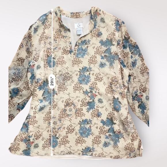 ICE Vintage Silk Beaded Blouse Womens Size 3X Beige‎  Blue Boho Floral - Picture 3 of 10